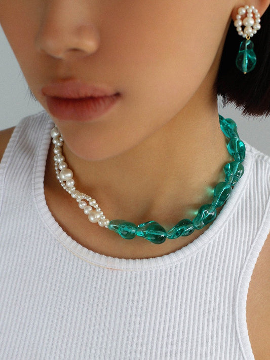 Handcrafted Glass & Baroque Pearl Necklace and Earring