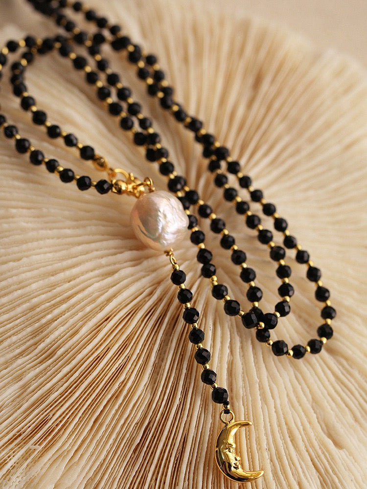 Black Onyx & Baroque Pearl Long Necklace