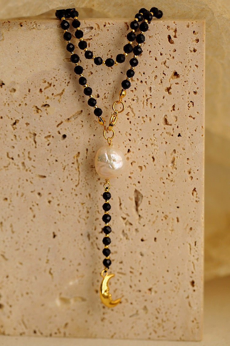 Black Onyx & Baroque Pearl Long Necklace