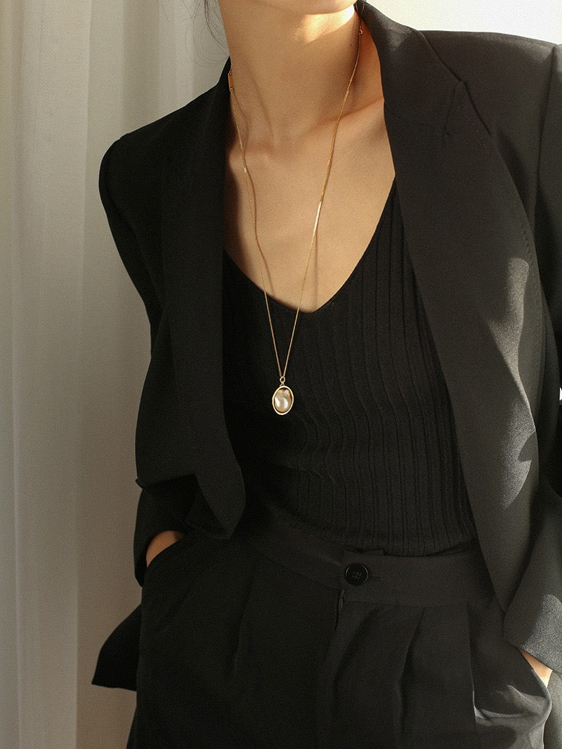 Minimalist Metallic Pearl Long Necklace