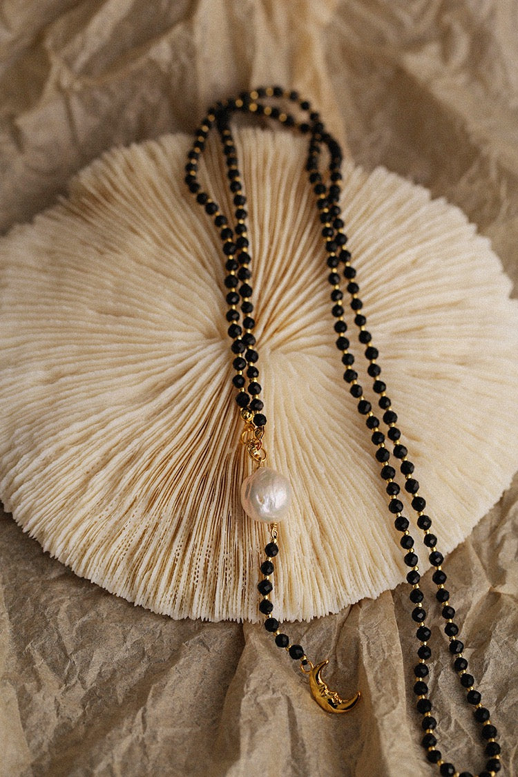 Black Onyx & Baroque Pearl Long Necklace