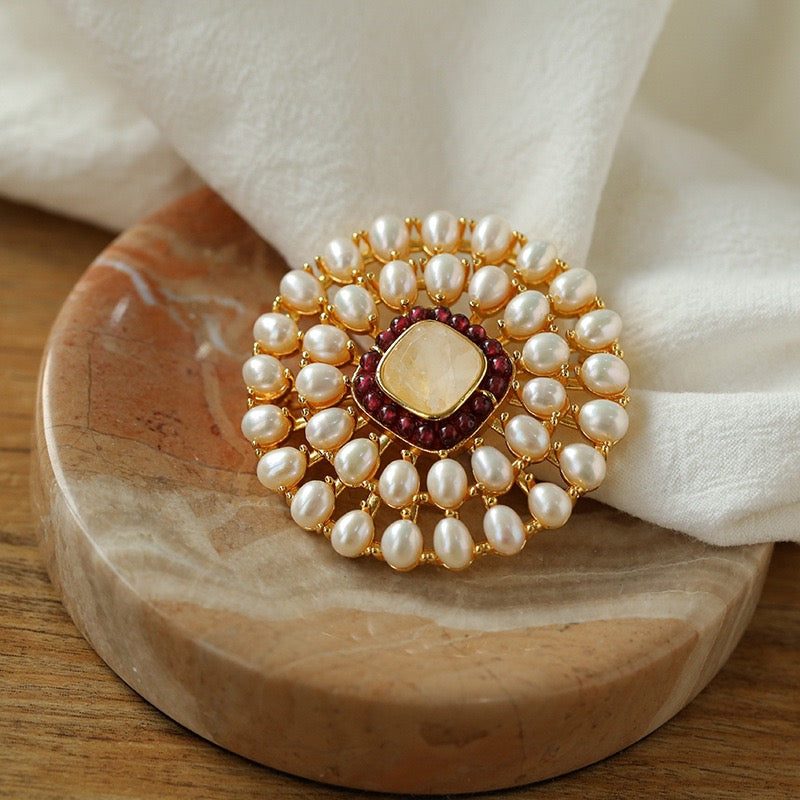 Vintage White Crystal & Baroque Pearl Brooch – Antique-Style White Crystal Brooch, Baroque Pearl Jewelry Gift